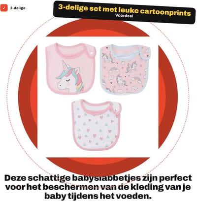 Dailygoods- Babyslabbetjes 3-delig - Katoenen Slab - Zacht/Absorberend - Cartoonprint - Machinewasbaar - 19x25cm - Slabbetjes