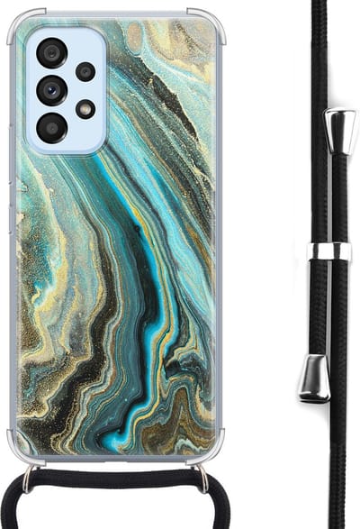 Hoesje met koord - Geschikt voor Samsung Galaxy A53 - Marmer mint - Verstelbaar zwart koord - Crossbody - Marmer - Transparant, Groen - Leuke Telefoonhoesjes