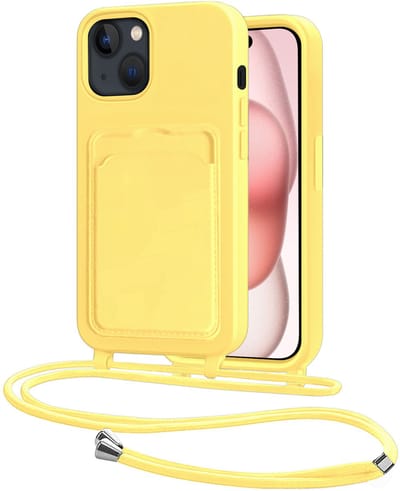 Hoes Geschikt voor iPhone 15 Plus Hoesje Pasjeshouder Cover Met Koord Case Siliconen Hoes Met Telefoonkoord en Kaarthouder - Geel