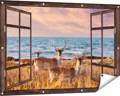 Gards Tuinposter Doorkijk Drie Herten aan de Zee tijdens Zonsondergang - 120x80 cm - Tuindoek - Tuindecoratie - Wanddecoratie buiten - Tuinschilderij