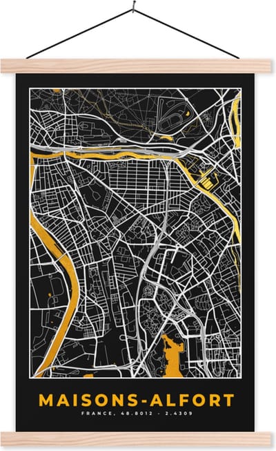 Posterhanger incl. Poster 40x60 cm - Schoolplaat - Plattegrond – Kaart – Stadskaart – Frankrijk – Maisons-Alfort - Textielposter - Blanke latten - Stadskaart