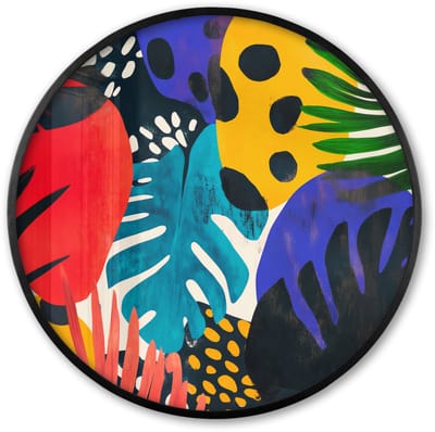 Poster in lijst Rond - Fotolijst 60x60 cm - Posters - Bladeren - Vormen - Abstract - Kleurrijk - Ronde posterlijst zwart - Decoratie - Wanddecoratie woonkamer - Muurdecoratie slaapkamer