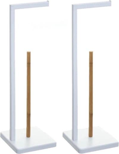 2x stuks staande wc/toiletrolhouders met reservoir wit 64,5 cm van verchroomd metaal/bamboe - Wc-rol houder - Toiletrol houder