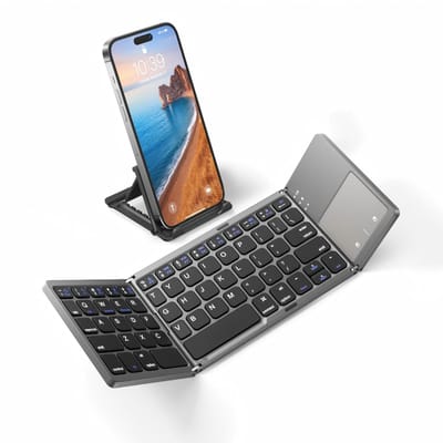 Ryoudavell - Opvouwbaar Bluetooth Toetsenbord met Touchpad - Draadloos Universeel Toetsenbord met Telefoonhouder - Oplaadbaar & Ultra Slank Mini Toetsenbord voor iOS, Android & Windows - Pocket-Formaat