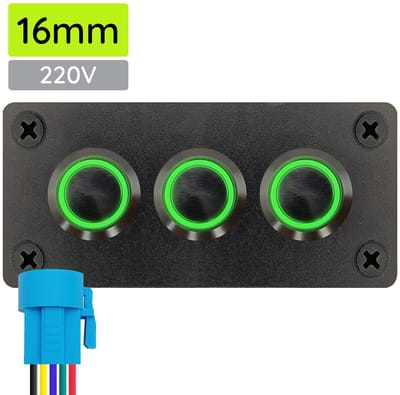 ProRide Metalen Pulsschakelaar 220V OFF-(ON) - Drievoudig inbouwpaneel - 16mm - IP67 - LED indicatie Groen