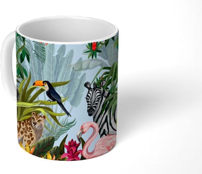 Mok - Koffiemok - Jungle - Natuur - Jongens - Meisjes - Kinderen - Zebra - Flamingo - Mokken - 350 ML - Beker - Koffiemokken - Theemok