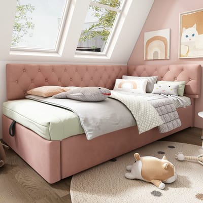 VVBV Slaapbank 90x190 cm met Houten Lattenbodem, Voor Kinderen/Tieners - Lattenbodem - Hout/Fluweel Roze - Zonder Matras