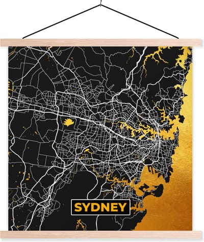 Posterhanger incl. Poster 40x40 cm - Schoolplaat - Sydney - Goud - Plattegrond - Stadskaart - Kaart - Textielposter - Blanke latten - Stadskaart