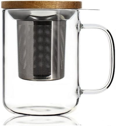 OGO Theepot/Theetas voor 1 - Glas/RVS/Hout - 450 ml met Filter