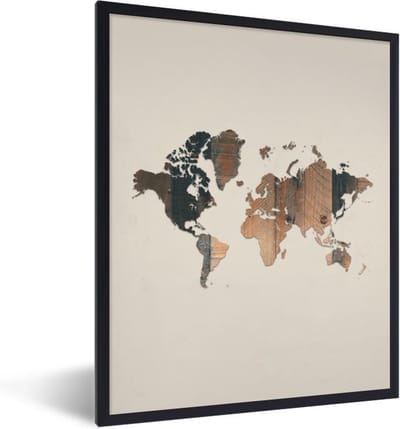 Poster in lijst - Fotolijst 60x80 cm - Posters - Wereldkaart - Hout - Bruin - Posterlijst zwart - Decoratie - Wanddecoratie woonkamer - Muurdecoratie slaapkamer