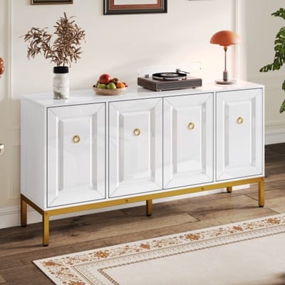 Sideboard 140x80x40 cm – Hoogglans opbergmeubel met gouden handgrepen & poten, met planken, modern woonkamermeubel