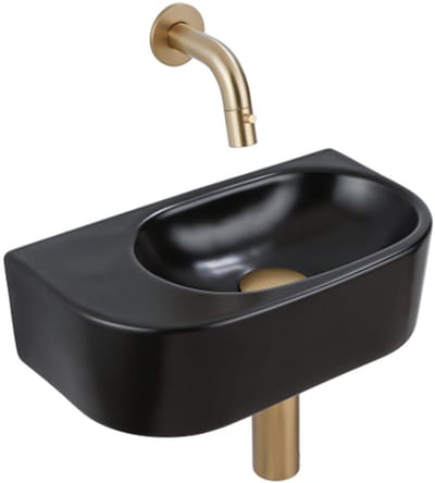 QeramiQ Fuente Fonteinset - 40x21.5x12cm - glad - halfrond - keramiek - fonteinkraan geborsteld messing - afvoerplug - verlaagd sifon - zwart mat