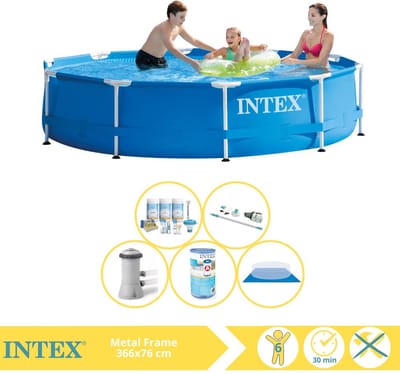 Intex Rond Frame Zwembad - 366 x 76 cm - Blauw - Inclusief Pomp - Onderhoudspakket - Filter - Grondzeil - Stofzuiger - 6-delig