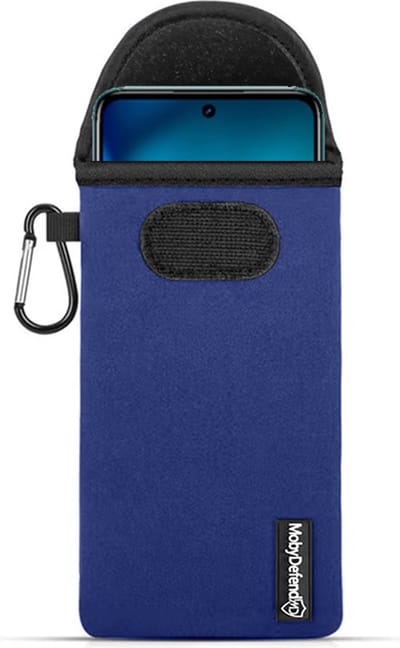 MobyDefend Hoesje - Geschikt voor Motorola Moto G42 - Neopreen Pouch Met Karabijnhaak - Insteek - Riemlus - Blauw