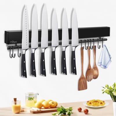 SnelShoppen - Magneetstrip voor Messen met 10 Haken - 50 cm Magnetische Messenhouder - Zwart - Extreem Zelfklevend met Plakband en Schroeven voor Keuk