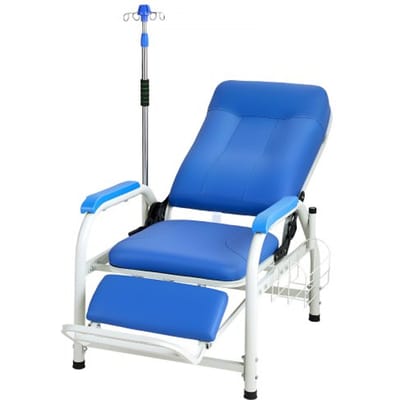 VEVOR medische stoel met infuusstandaard, draagvermogen 181 kg, stalen constructie, 90-160° verstelbaar, met gewatteerde zitting, voetensteun en opbergmand, voor ziekenhuizen en verpleeghuizen.