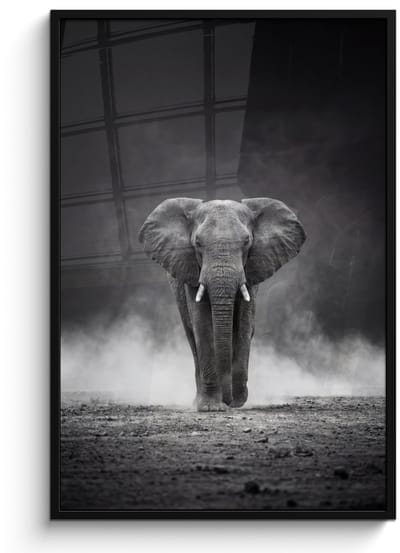 Poster in lijst - Fotolijst 80x120 cm - Posters - Olifant - Zwart - Wit - Rook - Posterlijst zwart - Decoratie - Wanddecoratie woonkamer - Muurdecoratie slaapkamer