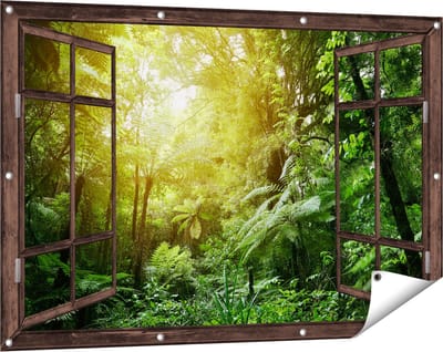 Gards Tuinposter Doorkijk Tropische Jungle met Zonneschijn - 120x80 cm - Tuindoek - Tuindecoratie - Wanddecoratie buiten - Tuinschilderij