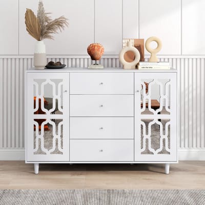 Dressoir - 147,5x40x102 cm - Spiegel Dressoir Met Kristalgrepen - Met Glazen Deuren - MDF - Wit