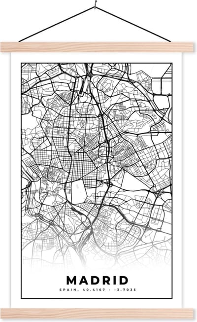 Posterhanger incl. Poster 40x60 cm - Schoolplaat - Madrid - Zwart Wit - Stadskaart - Plattegrond - Kaart - Textielposter - Blanke latten - Stadskaart