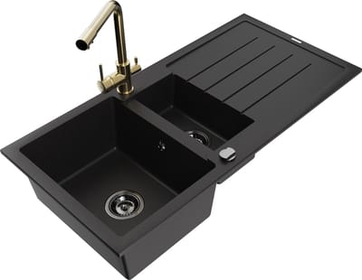 Mexen Andres granieten spoelbak 1,5-baks met afdruiprek en keukenmengkraan Duero, zwart - 6515-77-671600-50-B