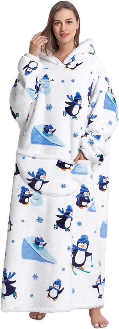 Oversized hoodie-deken met mouwen - voor dames en heren - sherpa - behaaglijke dekentrui - XXL dekenhoodie - knuffelhoodie - pinguïn