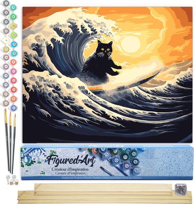 Figured'Art Schilderen op Nummer Volwassenen canvas De grote golf van de zwarte kat- Handwerk acrylverf Kit DIY Compleet - 40x50cm met DIY houten lijst