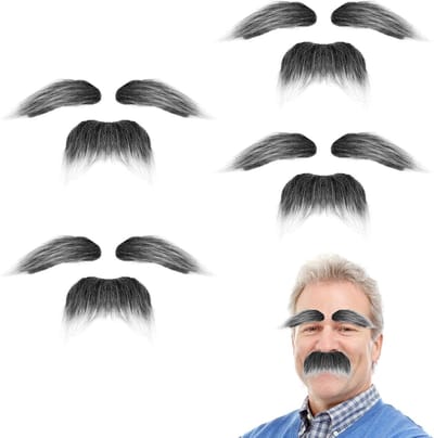 Set van 4 Nepporen, Grijze Snor voor Plakken, Valse Snor, Grappige Baarden, Kostuumaccessoires voor Volwassenen, Cosplay, Halloween, Feestaccessoires, Creatieve Verkleedkleding