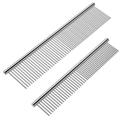 Peysaitr - Dierenkam - Anti-Klit- Honden- en Kattenkam - Vacht kam - Ontklitten & Masseer - RVS Rondpunten - Zilver - 19x3,5cm & 16x3cm - 2 Stuks