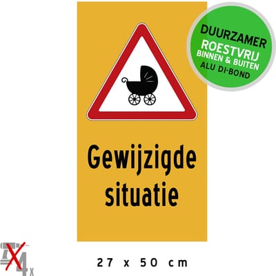 Baby bord/ pictogram/ geboortebord Dibond | "Gewijzigde situatie" | 27 x 50 cm | Geboren | Kind | Wegenwerken | Ludiek | Verkeersbord | Roestvrij | 1 stuk