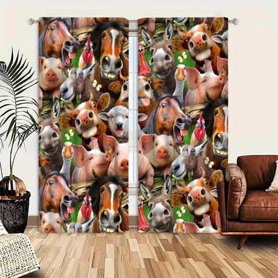 Jungle Olifant Vos Giraf Gordijnen Vintage Beest Dierlijke Print Gordijnpanelen All-Season Charme Voor Woonkamer Slaapkamer Huisdecoratie 100W130H(CM)40x51in&rod pocket