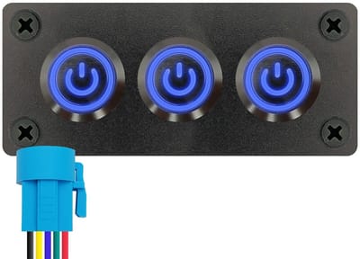 ProRide Metalen drukschakelaars in Drievoudig inbouwpaneel 220V ON-OFF - 19mm - IP67 - LED indicatie Blauw