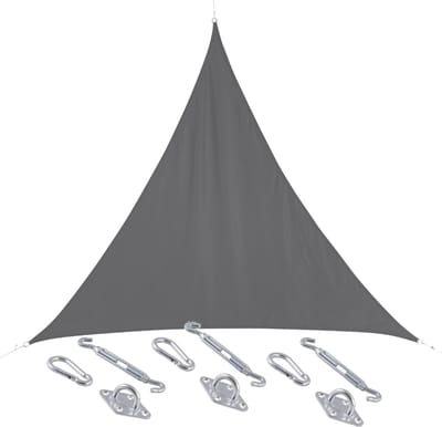 Polyester schaduwdoek/zonnescherm Curacao driehoek grijs 4 x 4 x 4 meter - inclusief bevestiging haken set