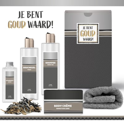 Geschenkset "Je Bent Goud Waard!" - 5 Producten - 920 Gram - Triomf Cosmetica | Giftset voor hem Luxe Wellness Cadeaubox Douchegel Shampoo Bodycrème Scrubzout Cadeau Verjaardag Kerst Geschenk Vriend Vader Collega Vaderdag Kerstpakket Antraciet Zilver