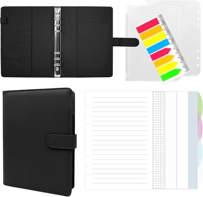 ringband, A5, navulbaar, leer, A5, ringband met 160 vellen, navulpapier, draagbare ringband, planner, bindvakken, voor schoolnotities en organizer, zwart