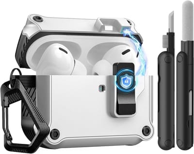Beschermende Hard Case voor Airpods Pro 3 (2025) met Beveiligingsclip, Automatische Pop-up en Schoonmaakset - Wit en Zwart, Ideaal voor Reizen en Sportgebruik