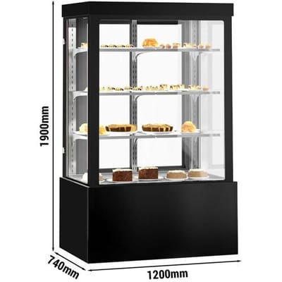 GGM Gastro Kühl- & Kuchenvitrine - 1200mm - Doppelverglasung - mit 3 Ablagen & Spiegelfront - Schwarz Zwart