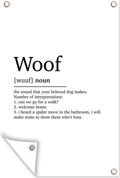 Muurdecoratie Spreuken - Quotes - Woof - Woordenboek - Woef definitie - 120x180 cm - Tuinposter - Tuindoek