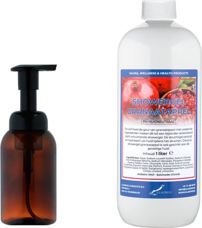 Zeepdispenser 300 ml amber bruin hervulbaar + 1 liter Showergel Granaatappel navulling