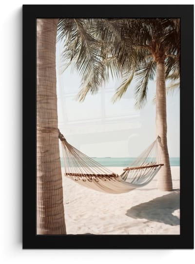 Poster in lijst - Fotolijst 20x30 cm - Posters - Hangmat - Palmbomen - Strand - Zee - Posterlijst zwart - Decoratie - Wanddecoratie woonkamer - Muurdecoratie slaapkamer