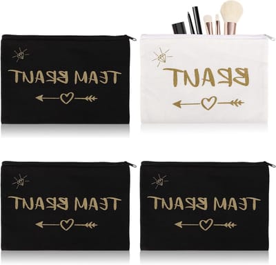 Set van 4 Make-up Tassen voor Team Bride in Wit en Roze - Ideaal voor Huwelijksfeesten, Vrijgezellenfeesten en Bruidsaccessoires - 22 x 15 cm