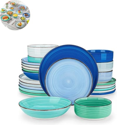 Luxe Serviesset – 24 delig – 6 persoons – Porselein - Bordenset – Dinner platen – Dessertborden - Kommen - Pastabord - Mix-Blauw