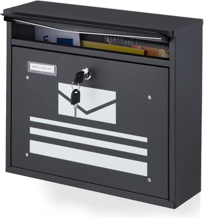 Brievenbus, briefmotief, afsluitbare postbox, HxBxD: 31 x 36 x 11 cm, gepoedercoat staal, zwart