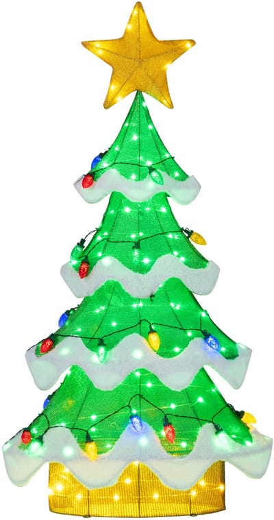 COSTWAY LED-Kerstboom 130 cm – Verlichte Kerstdecoratie met Ster en Aardbeivormige Gloeilampen, Kerstverlichting voor Binnen en Buiten