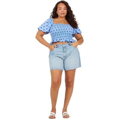Brave Soul Damesblouse met stippen en pofmouwen (Blauw/Zwaar)