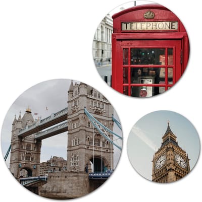 Forex Muurcirkel Set -  Set London - Set van 3 Wandcirkels met Ophangsystemen - 30x40x50