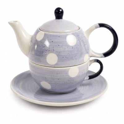 Tea for One Set Stippen - Handgeschilderd Keramiek - Theepot met Kop en Schotel - Blauw Wit - 3-delige Theeset voor 1 Persoon