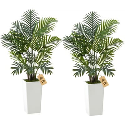 VEVOR Kunst Areca Palmbomen, 1,2 m, 2-pack Kunstpalmen, Tropische Planten met Witte Plantenbak, Kunstzijden Plant in Pot, Nepboom voor Veranda's, Woonkamers, Patio's, Huis, Kantoor