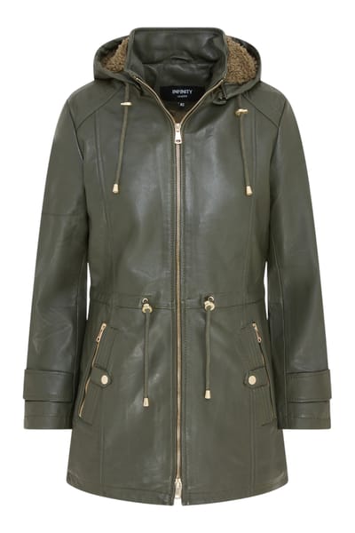 Dames groene leren parka met afneembare borg capuchon en trenchcoat - Trekker
