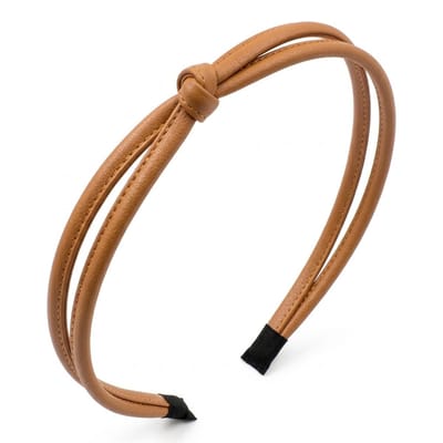 Bruin oranjekleurige haarband – dames haar accessoire – minimalistische hoofdband met knoop detail – slanke dubbele band – flexibele kunststof basis – geschikt voor dagelijks gebruik